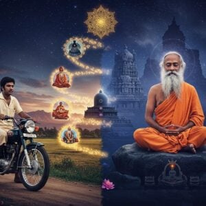 A serene portrait of Sadhguru Jaggi Vasudev as a young man transitioning into his current sage form in a dynamic split composition, set against a mystical Himalayan backdrop. On the left, a young Sadhguru in simple 1970s attire riding his motorcycle through Tamil Nadu's landscapes. On the right, present-day Sadhguru in his iconic white robes and flowing beard, seated in Siddhasana on a sacred rock. Between them, a ethereal spiral of energy containing significant life moments - his motorcycle journeys, meditation under the banyan tree, and the Dhyanalinga temple. The scene is illuminated by a soft, cosmic light with floating sacred geometry patterns and mandala designs in gold and deep blue. Traditional Dravidian temple architecture elements frame the composition. The art style combines hyperrealistic details with spiritual symbolism, featuring a color palette of deep indigos, earth tones, and radiant gold accents. Intricate details include floating lotus petals, subtle energy auras, and the Adiyogi statue silhouette in the background. Photorealistic, cinematic lighting, deep depth of field, modern digital art style with traditional Indian artistic elements.