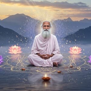 A serene portrait of Sadhguru Jaggi Vasudev in his signature white flowing robes, seated in padmasana on a sacred geometrical yantra platform, against a ethereal backdrop of the Velliangiri Mountains at dawn. His distinctive silver beard and gentle smile radiates wisdom, while his eyes possess a deep, knowing gaze. Surrounding him are concentric circles of floating, glowing lotus flowers in soft pastels, transitioning from white to purple. Multiple translucent layers of sacred geometry mandalas float in the background, creating depth. The scene is illuminated by golden morning light breaking through misty clouds, casting a divine aura. Small particles of light dance around him, symbolizing spiritual energy. In the foreground, a simple Diya flame burns steadily, reflecting in crystal-clear still water below. The art style combines hyperrealistic portrait details with ethereal Indian mystical elements, rendered in a modern digital aesthetic with soft, luminous lighting and rich textures. Warm golden highlights contrast with cool morning blues and purples.