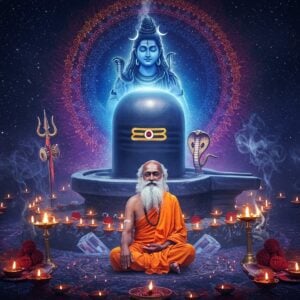 A majestic portrait of Sadhguru in pristine white robes, seated in padmasana on a crystalline platform, against the backdrop of a colossal Shiva lingam emanating ethereal blue light. The lingam is adorned with traditional Indian patterns and sacred geometry in gold. Lord Shiva's silhouette appears in meditation pose above the lingam, with matted locks flowing, crescent moon, and the Ganga in his hair, holding a trishul in one hand and damaru in another. Multiple rings of vibrant mandalas float in the space, creating concentric circles of energy. The scene is illuminated by countless floating diyas and the soft glow of a waning moon. Sacred rudraksha beads and vibhuti patterns create intricate designs in the foreground. The color palette combines deep midnight blues, cosmic purples, and brilliant gold accents. Smoke from burning incense creates mystical swirls in the air, while serpents made of golden light coil around the lingam. The entire composition has a surreal, digital art style merging traditional Madhubani patterns with modern cosmic aesthetics, emphasizing the profound spiritual energy of Mahashivratri.