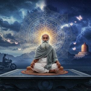 A serene portrait of Sadhguru in his signature white kurta and grey shawl, seated in padmasana on a modern minimalist platform floating above a mystical landscape. Behind him, a translucent sacred geometry mandala glows in soft gold and blue. The background shows significant elements from his life - a motorcycle, mountains representing the Velliangiri peaks, and the Dhyanalinga temple with its copper dome. The scene is split between day and night, with the day side showing his life as a family man and businessman (subtle silhouettes of his past), and the night side depicting his spiritual transformation. Ethereal butterflies (representing transformation) float around him. The lighting is dramatic with divine rays breaking through clouds, creating a contemporary cinematic feel. The art style combines hyperrealistic digital painting with traditional Indian mystical elements. The color palette features deep indigos, celestial blues, warm golds, and pure whites. Multiple translucent layers show different phases of his life journey, creating depth and dimension. The scene has a surreal, otherworldly quality while maintaining photographic realism in Sadhguru's features.