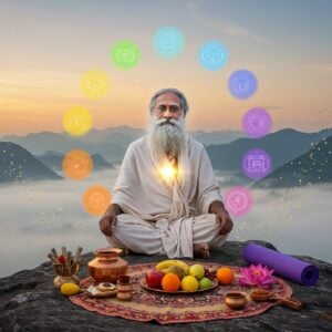 A serene portrait of Sadhguru in his signature white robes and flowing silver beard, seated in Siddhasana on a natural rock formation surrounded by misty mountains at sunrise. His face radiates inner peace with a subtle smile. Around him, multiple translucent ethereal circles represent chakras in soft pastel colors - violet, indigo, blue, green, yellow, orange, and red. Sacred geometry patterns float in the background. Gentle golden light emanates from his heart center. In the foreground, a striking arrangement of elements symbolizing holistic wellness: a copper water vessel, fresh fruits, yoga mat, blooming lotus flowers, and medicinal herbs. The scene features a harmonious blend of traditional Madhubani patterns and modern digital art style, with intricate details in peacock blue and saffron accents. Floating particles of golden light create a mystical atmosphere. The composition emphasizes balance and tranquility, with soft morning mist adding depth. Hyperrealistic rendering with ethereal lighting and atmospheric depth.