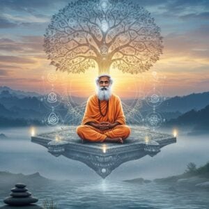 A serene portrait of Sadhguru in pristine white robes, seated in Siddhasana on a sacred geometric platform floating above a misty valley, his eyes radiating deep wisdom and compassion. Behind him, a large ethereal tree of life with glowing golden roots extends upward, its branches forming intricate mandalas. Soft rays of dawn light filter through morning mist, creating a mystical atmosphere. Multiple translucent layers show symbolic representations of his teachings - a blooming lotus, a peaceful meditator, cosmic swirls, and sacred geometry patterns in muted gold and deep indigo. The foreground features smooth stones arranged in a zen pattern, with gentle ripples in a clear pool reflecting the sky. The art style combines hyperrealistic digital painting with traditional Indian mystical elements, featuring a color palette of whites, deep blues, soft golds, and earthy browns. The overall composition suggests depth, wisdom, and spiritual elevation while maintaining a contemporary aesthetic appeal.