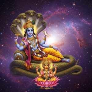 A luminous cosmic scene featuring the divine form of Lord Vishnu, with four arms holding the Shankha (conch), Chakra (discus), Gada (mace), and Padma (lotus), reclining on the coils of the cosmic serpent Shesha against a backdrop of swirling galaxies and nebulae in deep purples and blues. His form emanates golden light, wearing pitambara (yellow silk dhoti) and adorned with traditional jewelry. The serpent has multiple heads forming a protective canopy. In the foreground, a stylized lotus emerges from His navel, on which sits Lord Brahma in meditation pose with four heads and four arms, holding Vedas, performing creation. The scene is framed by intricate Madhubani-style patterns in gold and saffron, with floating mandalas and sacred symbols like Om. Ethereal light rays in soft pastels filter through the cosmic scene, creating a mystical atmosphere. The art style combines photorealistic cosmic elements with traditional Indian art motifs, rendered in high-quality digital art with emphasis on divine radiance and spiritual symbolism.