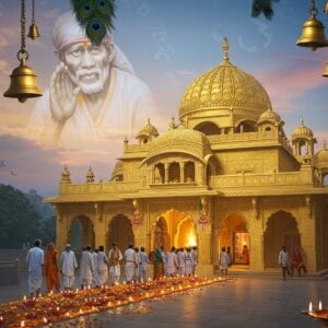 A serene nighttime scene of the iconic Shirdi Sai Baba temple illuminated in warm golden light, with the main dome radiating a divine ethereal glow. The temple architecture features intricate Madhubani-style patterns in gold and saffron. In the foreground, a line of devotees in traditional Indian attire walking on a path lined with lit brass diyas and scattered marigold flowers. The sacred dhuni fire is visible through the temple entrance, emanating a mystical orange glow. Floating above the temple, a large, translucent portrait of Sai Baba in his characteristic pose with his right hand raised in blessing, wearing his white kafni and head wrap, detailed in the Pattachitra art style. The sky features subtle mandalas and spiritual symbols in pastel blues and purples, with soft streaks of golden light. Multiple brass bells hanging with decorated threads, and peacock feathers adorning the temple entrance. The scene captures both the spiritual grandeur and peaceful atmosphere of Shirdi, rendered in a harmonious blend of traditional and digital art techniques.