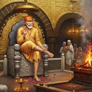 A serene portrait of Sai Baba seated cross-legged on a silver-adorned throne, wearing his characteristic white kafni and head cloth. His elderly face radiates divine wisdom with deep, compassionate eyes and a gentle smile. His right hand is raised in blessing mudra while his left hand rests on his knee. Behind him is an ethereal Dwarkamai mosque-temple structure with intricate Madhubani-style patterns in gold and saffron. A sacred fire burns to his right with mystical smoke forming swirling mandalas. Devotees from different religions offer prayers in the foreground. The scene is illuminated by warm golden light and floating diyas. Photorealistic digital art style with traditional Indian art elements. Rich jewel tones of maroon, deep blue, and gold dominate the palette. Floating lotus petals and subtle spiritual symbols create a mystical atmosphere. The overall composition suggests unity of faiths, divine presence, and spiritual transformation.