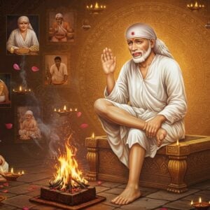 A serene portrait of Sai Baba seated in his characteristic pose on a stone platform in Dwarkamai, wearing his iconic white kafni and head wrap. His face radiates divine light with a gentle, compassionate smile. His right hand is raised in blessing mudra while his left hand rests on his knee. A sacred fire (dhuni) burns beside him with ethereal golden flames creating mystical patterns in the air. Around him, multiple translucent vignettes show his famous miracles - multiplication of food, healing the sick, lighting lamps with water. The scene is illuminated by warm, glowing light and floating diyas. The background features an intricate Madhubani-style mandala in gold and saffron. Soft rays of divine light emanate from his form. Floating lotus petals and subtle smoke wisps add movement. The color palette consists of deep maroons, rich golds, warm oranges, and peaceful blues. The art style combines photorealistic rendering with traditional Indian artistic elements, creating a mystical, spiritual atmosphere. The overall composition should feel both historically authentic and timelessly divine.