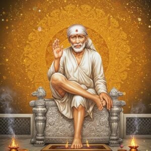 A serene portrait of Sai Baba seated in his characteristic pose on a silver-adorned stone platform at Dwarkamai, wearing his distinctive white kafni and white headscarf. His right hand is raised in blessing mudra while his left hand rests on his knee. His face shows deep compassion with detailed aging lines and his iconic facial features. Behind him, a large, intricate mandala glows in soft gold and saffron hues, emanating divine light. The sacred fire (dhuni) burns beside him with ethereal smoke forming mystical patterns. Traditional Madhubani-style borders frame the scene, featuring small vignettes of his teachings - helping the poor, feeding the hungry, and interfaith harmony. The background transitions from warm golden tones to cool peaceful blues. Floating lotus flowers and subtle sacred geometry patterns add depth. Multiple halos of light surround his form, creating a divine atmosphere. The art style combines hyperrealistic details with spiritual symbolism, modern digital art techniques with traditional Indian art elements. Soft bokeh effects and particle lighting enhance the mystical ambiance.