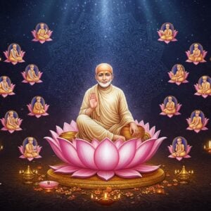 A mystical scene depicting Sain Bhagat Ji, portrayed as a humble Indian barber saint with a serene expression, seated in padmasana on a golden lotus platform. He wears simple white cotton attire with a peaceful smile, surrounded by an ethereal aura of soft golden light. In the background, a large intricate mandala pattern in deep indigo and gold represents his spiritual enlightenment. The scene shows him offering seva, with one hand holding traditional barber tools made of gold, while his other hand is raised in blessing. Around him float multiple smaller lotuses in pastel pink and white, each containing vignettes of his life journey - from barber to saint. The composition includes subtle Madhubani-style border patterns and floating diyas. The lighting is dramatic with divine rays streaming down, creating a supernatural atmosphere. The color palette combines deep maroons, celestial blues, and metallic golds, with soft glowing highlights. The scene is rendered in a fusion of traditional Indian miniature painting style with modern digital art techniques, maintaining photorealistic details while preserving a spiritual, otherworldly quality.