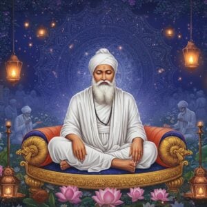 A serene portrait of Sain Bhagat Ji, depicted as an elderly Indian saint with silver-white beard, wearing simple white cotton robes, seated in padmasana on a golden lotus platform. His eyes are closed in deep meditation, with a subtle divine glow surrounding his form. Behind him, a large ornate mandala in deep indigo and gold represents Sikh spiritual wisdom. The scene is set in a mystical garden with blooming flowers in soft pastels, particularly white lilies and lotus. Floating bronze lanterns emit warm light around him. In the background, subtle silhouettes of devotees performing seva (selfless service). The art style combines traditional Indian Miniature painting techniques with modern digital art, featuring intricate patterns and detailed textures. The color palette focuses on whites, golds, and deep blues, with touches of copper and bronze. Ethereal light particles float in the air, creating a supernatural atmosphere. The overall composition emphasizes spiritual devotion, humility, and divine connection.