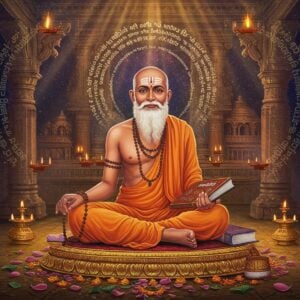 A serene portrait of Saint Narahari Tirtha in a traditional ochre dhoti, seated in padmasana on a golden lotus platform, against a mystical backdrop of the ancient Kalinga temple architecture. He holds sacred Madhwa texts in his right hand and a rudraksha mala in his left. His face radiates divine wisdom with a gentle smile, tilak on forehead, and flowing white beard. Behind him, intricate Madhubani-style mandalas float in ethereal light, merging with swirling patterns of Sanskrit verses. The scene is illuminated by soft, golden light streaming through temple pillars, creating dramatic shadows. Floating diyas and lotus petals surround him, while subtle symbols of both Vaishnavism and statecraft blend in the background, representing his dual role as minister and saint. The color palette features deep maroons, saffron, and peacock blue with touches of gold leaf detailing. The art style combines traditional Indian miniature painting techniques with modern digital art aesthetics, creating a surreal and spiritual atmosphere.