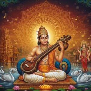 A serene depiction of Saint Tyagaraja in a traditional white dhoti and angavastram, seated cross-legged on a decorated marble platform, playing the veena with divine expression. His face radiates spiritual bliss with eyes half-closed. Behind him, a large ornate mandala in gold and saffron glows ethereally, incorporating musical notations of his famous composition "Naa Jeevan Dhara". Floating musical notes in golden light surround him. The scene includes mystical visualizations of Lord Rama, Sita, and Lakshmana as celestial figures in the background, rendered in traditional Thanjavur painting style. Rainbow-colored peacock feathers frame the corners. Seven swans, representing the seven musical notes, glide through a mystical river below. The background features the Thiruvaiyaru temple architecture with intricate Dravidian designs. The overall color palette combines deep maroons, peacock blues, and golden hues with modern gradient effects. Soft orbs of light scatter across the scene, lending a magical quality. The art style merges classical Indian Thanjavur painting techniques with contemporary digital art aesthetics. A few scattered lotus flowers in pastel pink float around, adding to the divine atmosphere.