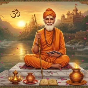 A serene portrait of Samarth Ramdas in traditional saffron dhoti and angavastram, seated in padmasana on a marble platform near the banks of Krishna River. His right hand holds his signature bamboo staff while his left hand cradles the Dasbodh text. Behind him stands the majestic Sajjangad fort bathed in golden sunrise light. The scene features intricate Madhubani-style border patterns with hanuman motifs. Floating spiritual symbols include the Om symbol rendered in glowing golden light. The atmosphere is mystical with swirling morning mist and floating lotus petals. In the foreground, a decorated copper water pot and a copy of Manache Shlok. The color palette focuses on deep saffron, ochre, and celestial blues. The art style merges hyperrealistic digital painting with traditional Indian art elements. His face radiates divine calm with meditative closed eyes and a subtle smile, detailed with photorealistic texturing. Small vignettes in Pattachitra style float in corners showing scenes of his life - meeting with Shivaji Maharaj, writing scriptures, and establishing temples.