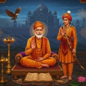 A majestic scene depicting Samarth Ramdas, dressed in traditional saffron dhoti and angavastram, seated in a elevated meditation posture on a decorative stone platform, radiating spiritual wisdom with a gentle expression. Beside him stands young Sambhaji Maharaj in royal Maratha attire - fitted angarkha, decorative turban with pearl strings, holding a sword. Golden light emanates from ancient Sanskrit texts and manuscripts spread before them. The background features the mighty Raigad fort with intricate Maratha architecture, rendered in deep blues and golds. Floating mandalas and geometric patterns inspired by Maratha art surround them. The scene is enhanced with symbolic elements - a soaring eagle representing wisdom, traditional oil lamps casting warm glows, and delicate lotus flowers. The art style merges traditional Maratha miniature painting techniques with modern digital art, using a rich color palette of saffron, deep maroon, royal blue, and gold. The lighting creates a dramatic spiritual atmosphere with soft highlights on the main figures, while maintaining historical accuracy in depicting their features and attire.