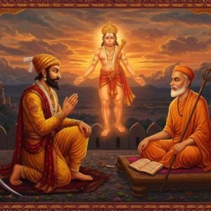 A majestic scene depicting Chatrapati Shivaji Maharaj in royal attire (saffron and gold sherwani, pearl necklaces, and jeweled turban) kneeling respectfully before Sant Ramdas who is seated on a simple wooden platform wearing ochre robes. Ramdas holds his signature dand (staff) in his right hand and has the Hanuman Chalisa manuscript nearby. Between them floats a luminous, ethereal Hanuman silhouette in deep orange hues. The background shows Pratapgad fort at sunset with glowing mandala patterns in the sky. The scene is framed by intricate Madhubani-style borders featuring symbols of Maratha warfare (swords, shields) intertwined with spiritual motifs (Om symbols, lotus flowers). The lighting is mystical with golden rays filtering through clouds, creating a divine atmosphere. The art style combines hyperrealistic details with traditional Indian art elements, rendered in rich colors of saffron, deep maroon, gold, and royal blue. Both figures have serene, determined expressions reflecting their spiritual and royal duties.