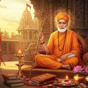 A regal portrait of Samarth Ramdas in traditional saffron dhoti and angavastram, seated in padmasana on an ornate marble platform, radiating divine energy through golden aura. His right hand holds his signature bamboo staff (danda), while his left hand holds the Dasbodh manuscript. Behind him, a massive intricately carved stone temple architecture merges with stylized Marathi cultural symbols - the Bhagwa dhwaj (saffron flag), Hanuman silhouette, and flowing Devnagari scripts transform into ethereal patterns. The scene is illuminated by warm afternoon sunlight creating dramatic shadows. In the foreground, a decorative arrangement of books, manuscripts, and lotus flowers in copper vessels. The art style combines hyperrealistic textures with traditional Maharashtrian folk art patterns, featuring rich colors of saffron, deep maroon, and gold. Mystical particles and soft light rays enhance the spiritual atmosphere. The overall composition suggests wisdom, devotion and cultural heritage through a contemporary aesthetic lens.