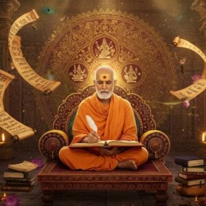 A serene, elderly Indian saint with a tilak on his forehead, dressed in saffron robes, seated in padmasana on an ornate wooden platform, surrounded by ancient manuscripts and palm leaves with Marathi text. His right hand holds a quill pen while divine light emanates from his being. Behind him, a large, intricately detailed mandala in gold and deep maroon features symbols of Lord Hanuman and Ram. Floating mystical scrolls with a soft ethereal glow spiral around him. The background shows a traditional Maharashtrian temple architecture with detailed stone carvings. Scattered lotus flowers and peacock feathers frame the scene. The lighting is warm and spiritual, with rays of golden light filtering through temple windows. The art style combines traditional Pattachitra patterns with modern digital art techniques, featuring rich colors like deep saffron, burgundy, and peacock blue. Small oil lamps with gentle flames add depth and mysticism to the scene. The overall composition suggests deep wisdom and spiritual knowledge.