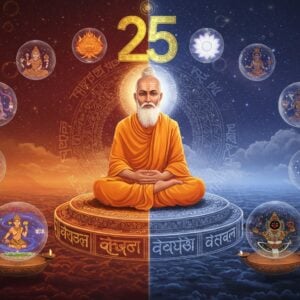 A serene Indian sage in ochre robes seated in padmasana on a cosmic geometric platform, split into two distinct halves - Purusha (consciousness) depicted as pure white light on the right, and Prakriti (matter) shown as swirling colors of creation on the left. Above him floats the number 25 formed by golden sacred geometry, representing the tattvas. The background features intricate Madhubani-style patterns showing the three gunas - sattva (white lotus), rajas (red flame), and tamas (dark clouds). Multiple ethereal spheres of varying sizes orbit around the sage, each containing miniature representations of the evolving universe. The scene is illuminated by soft, divine light with hints of gold and saffron. The color palette combines deep maroons, celestial blues, and metallic golds. Sacred Sanskrit symbols float delicately in the atmosphere, creating a mystical ambiance. The artwork style merges traditional Indian miniature painting techniques with modern digital art, featuring detailed textures and a subtle gradient background of dawn colors.