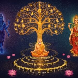 A serene Indian philosopher in traditional dhoti-kurta meditating in padmasana, floating above a cosmic spiral made of intricately detailed Sanskrit manuscripts that transform into golden light particles. Behind him, a large ethereal tree symbolizing Prakriti splits into 23 luminous branches representing the tattvas, each branch ending in a different cosmic element rendered in Madhubani art style. The left side shows the dark blue Purusha as a radiant silhouette surrounded by peacock feather patterns, while the right side depicts Mother Nature (Prakriti) in flowing saffron robes with three gunas represented as intertwined golden, red, and black threads. The background features a massive mandala pattern combining sacred geometry with traditional Indian motifs, rendered in deep indigo and gold. Small glowing lotuses float around the scene, each containing miniature representations of the evolution of consciousness. The lighting is mystical with soft golden rays filtering through the cosmic scene, creating an atmosphere of ancient wisdom meeting modern digital art. The entire composition follows a balanced sacred geometric structure with the philosopher at the golden ratio point.