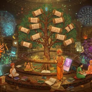 A serene Indian library setting with ancient scrolls and modern digital tablets floating in a spiral pattern, illuminated by soft golden light. The central focus shows a mystical tree of knowledge with branches made of intricate Madhubani patterns in deep indigo and gold. Each branch holds traditional palm leaf manuscripts and contemporary devices displaying Samkhya philosophy diagrams. The tree grows from a golden lotus base, surrounded by ethereal manifestations of Purusha (depicted as pure consciousness in white light) and Prakriti (shown as swirling patterns in emerald green and deep purple). Floating Sanskrit symbols transform into modern digital code at the edges. The scene includes peaceful-looking Indian scholars in both traditional and modern attire studying together. Glowing mandalas with the 25 tattvas of Samkhya arranged in concentric circles hover in the background. The art style combines traditional Pattachitra techniques with modern digital art, featuring a color palette of royal gold, deep maroon, peaceful sage green, and serene blue. Soft particle effects and light rays create a mystical atmosphere, while detailed patterns and textures add depth and cultural authenticity.