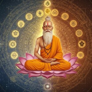 A mystical Indian sage in deep meditation, seated in padmasana on a cosmic lotus flower, split vertically into two halves - one representing Purusha (consciousness) in luminous white and gold, the other representing Prakriti (matter) in deep earth tones and intricate patterns. The background features 24 concentric circles representing the 24 tattvas of Samkhya, each rendered in Madhubani-style with detailed patterns. Above the sage, three intertwined golden threads represent the three gunas - sattva, rajas, and tamas. Sacred geometry patterns and mandalas float ethereally in the space, while subtle cosmic energy streams flow through the composition. The lighting is otherworldly with a soft golden glow emanating from the Purusha side and deep indigo shadows from the Prakriti side. The sage's expression is serene and enlightened, with traditional Indian features, wearing saffron robes. The overall scene combines traditional Indian art elements with modern digital aesthetics, creating a surreal and metaphysical atmosphere. Rendered in high detail with rich textures and depth.
