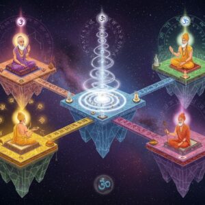 A grand ethereal library floating in cosmic space, with six distinct crystalline platforms representing major Indian philosophical schools, each emanating their signature colors - Samkhya (gold), Yoga (purple), Vedanta (saffron), Nyaya (blue), Vaisheshika (green), and Mimamsa (red). Ancient Indian sages in traditional attire meditate on each platform, surrounded by hovering sacred texts and symbolic elements. The Samkhya platform features the duality of Purusha (consciousness) and Prakriti (matter) represented by intertwining golden and silver streams. Intricate Madhubani-style patterns form connecting bridges between platforms. The scene is illuminated by a central mandala of pure white light, with 25 tattvas of Samkhya philosophy forming a spiral around it. Sacred symbols like the Om float in the space between platforms. The color palette combines deep traditional colors with modern gradient effects. Multiple planes of existence are shown through translucent layers, with subtle sacred geometry patterns connecting all elements. The style merges traditional Indian miniature painting techniques with modern digital art, creating a surreal yet sophisticated aesthetic. The background features a subtle cosmos with constellations forming ancient Sanskrit symbols.