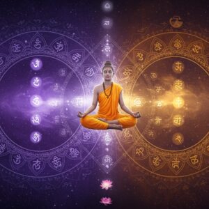 A serene Indian yogi in lotus position floating between two intertwined circular mandalas - one in deep indigo representing Purusha (consciousness) and one in earthen gold representing Prakriti (matter). The yogi, wearing minimal saffron clothing, radiates inner peace. Around him, 25 tattvas of Samkhya philosophy appear as ethereal, glowing symbols arranged in a sacred geometric pattern. The background features a cosmic void with subtle sacred geometry patterns in deep purple and gold. Floating lotus flowers in various stages of bloom represent evolution of consciousness. Soft light emanates from the center, creating a dreamy atmosphere. Multiple layers of translucent sacred geometry patterns overlap to create depth. The art style combines traditional Tantric art elements with modern digital art techniques, featuring rich textures and metallic accents. The scene includes subtle representations of the three gunas - sattva (white), rajas (red), and tamas (black) - as ethereal wisps of energy circling the central figure. The overall composition creates perfect symmetry and balance, embodying the harmony between the two philosophies.