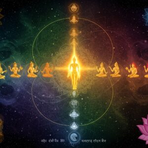 A luminous cosmic scene depicting the evolution of consciousness, featuring a central golden Purusha figure radiating pure consciousness, represented as streams of ethereal light, interacting with a swirling, dynamic Prakriti shown as intricate mandalas in deep indigo and emerald. The scene splits into 23 distinct evolutionary stages, flowing like a spiral from the center, each represented by unique sacred geometric patterns in rich colors - saffron, deep maroon, and peacock blue. The Mahat (cosmic intelligence) appears as a brilliant crystalline structure, while Ahamkara emanates as three distinct streams representing sattva, rajas, and tamas. The five elements are depicted as mystical symbols in Madhubani style, with earth (golden pentagon), water (silver crescent), fire (crimson triangle), air (white spiral), and ether (purple sphere). The scene is framed by ethereal lotus flowers and traditional Indian patterns, all rendered in a modern digital art style with smooth gradients and glowing effects. The background features subtle Sanskrit symbols floating in a cosmic void, while the entire composition maintains a harmonious balance between ancient wisdom and contemporary aesthetic.