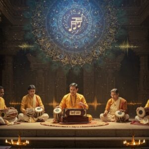 A serene Indian classical music concert scene in a grand ancient temple courtyard illuminated by golden oil lamps, featuring five Indian musicians in traditional attire (cream and saffron silk clothing) seated on an ornate marble platform. The central figure plays a vintage tambura with intricate wooden carvings, while others play harmonium, mridangam, and classical cymbals. Floating above them is a large, ethereal mandala made of musical notes and swirling ragas in shades of deep blue and gold. The background features ornate temple architecture with detailed Dravidian-style carvings. Mystical light streams through temple pillars, creating dramatic shadows. Multiple translucent layers of peacock feathers frame the scene. The atmosphere is enhanced by visible sound waves manifesting as golden threads interweaving with lotus petals and spiritual symbols. Soft glowing orbs of light hover around the musicians. The color palette focuses on rich maroons, deep peacock blues, and burnished gold, with hints of saffron. Art style combines traditional Madhubani patterns in the borders with modern digital art techniques, creating a photorealistic yet mystical quality.