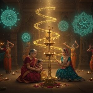A ethereal scene showing a multi-generational Indian family performing traditional rituals in a grand temple courtyard, illuminated by golden morning light. The grandmother in a rich maroon silk saree teaches her granddaughter, wearing a peacock blue lehenga, to light a traditional brass lamp. Behind them, intricate Madhubani-style patterns float in the air like luminous holograms, featuring peacocks, lotus flowers, and sacred symbols. The temple architecture combines ancient stone carved with modern geometric patterns glowing with subtle blue light. In the background, three women in jewel-toned sarees perform classical dance mudras, their movements creating trails of golden light. The scene is framed by towering bronze temple pillars decorated with detailed rangoli patterns that seem to flow and move. Floating diyas and flower petals create a magical atmosphere, while mandalas of light spiral upward. The color palette combines deep traditional colors (saffron, maroon, gold) with modern ethereal glows in turquoise and rose gold. The art style merges traditional Pattachitra techniques with sleek digital aesthetics, creating a surreal yet culturally authentic atmosphere. Hyper-detailed, cinematic lighting, volumetric god rays, photorealistic textures.