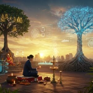 A serene urban rooftop temple setting at sunset, where a young Indian professional woman in modern business attire (navy blue suit) performs traditional puja. She sits on a modern minimalist wooden platform, surrounded by both traditional brass diyas and smart home devices displaying digital mantras. The background showcases a contemporary city skyline with glass buildings, while floating above are ethereal, translucent layers showing traditional temple architecture and sacred geometry patterns in gold. Ancient Vedic symbols and mandalas seamlessly blend with holographic displays. A massive tree of life grows from one side, its roots showing traditional Madhubani patterns while its branches transform into digital neural networks in glowing blue. The lighting creates a mystical atmosphere with warm golden hour sunlight mixing with cool blue technological glows. Traditional incense smoke forms intricate Pattachitra-style patterns in the air, interweaving with streaming data visualizations. The scene features rich colors of deep maroon, peacock blue, and saffron gold, with atmospheric fog adding depth. Hyperrealistic digital art style with spiritual undertones, emphasizing the harmonious coexistence of tradition and technology.