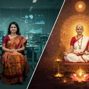 A split-screen artistic composition showing two distinguished Indian women in a modern-meets-traditional setting. On the left, a professionally dressed woman in an elegant fusion outfit (modern silk saree with contemporary draping) seated in a contemporary office with glass walls and Mumbai skyline visible, surrounded by subtle holographic displays showing business metrics and achievements. On the right, a spiritual guide in a traditional white silk saree with red border, seated in a meditation posture on a carved wooden platform, surrounded by glowing golden mandalas and floating lotus flowers. Both women have serene expressions and are bathed in warm, ethereal light. The background features a blend of corporate architecture and ancient temple structures, connected by flowing lines of energy in deep saffron and peacock blue. Intricate Madhubani patterns frame the composition, while digital particles and sacred geometry symbols float in the space between the two figures. The lighting creates a dramatic contrast with soft highlights and deep shadows, emphasizing both modern leadership and spiritual wisdom. The art style combines hyperrealistic digital rendering with traditional Indian art elements, featuring a color palette of gold, deep maroon, electric blue, and subtle pastels.