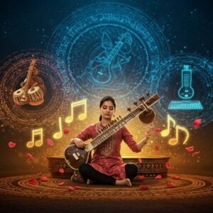 A mesmerizing scene depicting a young Indian woman in a contemporary silk kurta performing classical Indian music, sitting cross-legged on an ornate platform. Her hands gracefully positioned on a golden sitar, surrounded by floating, luminescent musical notes rendered in the style of traditional Madhubani art patterns. Behind her, a large circular mandala transitions from traditional to digital patterns, representing evolution of music. The background features three ethereal layers: first showing ancient Indian musical instruments (veena, mridangam, tabla) in traditional art style, middle layer showing modern instruments (synthesizer, digital tabla) in contemporary design, and the furthest layer displaying futuristic holographic musical interfaces glowing in soft blue and gold. Swirling light particles and sacred geometry patterns in peacock blue and saffron create dynamic energy flows. The lighting is dreamy with warm golden hues from the right and cool blue technological gleam from the left. The composition includes subtle lotus motifs, with petals floating in a spiral pattern around the musician. The scene merges traditional Indian classical elements with modern digital aesthetics, emphasizing the timeless nature of Sangita while showcasing its evolution into the future.