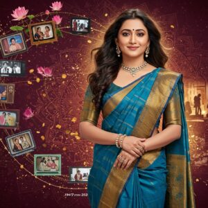 A stunning portrait of Sangita Ghosh in a contemporary fusion outfit - a designer metallic gold and peacock blue saree with modern draping, standing gracefully against a dynamic backdrop split into two parts. The left side features iconic scenes from her television career with elements like vintage TV frames in Madhubani art style, floating in a dreamy spiral. The right side shows her personal life moments - a modern home setting with family silhouettes in warm, glowing tones. She's adorned with elegant jewelry including a statement neckpiece and bangles. Her hair flows dramatically with soft movement. The entire composition is framed by an intricate mandala pattern in deep maroon and gold. Floating lotus flowers and digital glitch effects blend the two sides. The lighting is ethereal with golden hour warmth on her face, while subtle sparkles and light rays add a magical touch. The art style combines hyperrealistic digital rendering with traditional Indian Pattachitra patterns in the details. A subtle timeline from 1997 to 2025 forms an abstract golden thread connecting various elements in the background.