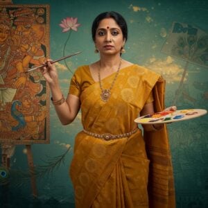 A powerful portrait of an Indian woman artist in her mid-40s with expressive eyes and graceful features, wearing a vibrant mustard yellow handloom cotton saree with traditional Kerala kasavu border. She stands in a dynamic pose holding a paintbrush in one hand and protest placard in another, against a sweeping backdrop that's divided into two merging realms. On one side, a canvas showcases traditional Keralan mural art with intricate details in gold, deep reds, and forest greens. The other side transforms into a street scene with abstract representations of social activism using Madhubani art style. Floating around her are symbolic elements: lotus flowers, peacock feathers, and geometric patterns in deep indigo and copper tones. The lighting is dramatic with warm golden rays filtering through, creating an ethereal glow around her figure. Her bindi and traditional Kerala-style gold jewelry gleam in the light. The composition incorporates modern digital art techniques while maintaining traditional Indian art elements, with a sophisticated color palette of deep teals, burnt orange, and metallic gold. The background features subtle mandala patterns that transition from traditional to contemporary designs.
