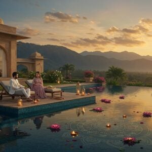 A luxurious modern Indian resort set against the backdrop of misty mountains, featuring a stunning infinity pool reflecting golden sunset clouds. The pool's edge seamlessly blends with traditional Madhubani-style patterns in deep peacock blue and gold. In the foreground, an elegant Indian couple in contemporary resort wear (him in crisp white linen, her in a flowing designer kaftan in soft pastels) relaxing on intricately carved wooden loungers. The scene includes traditional Indian architectural elements like ornate jharokhas and contemporary glass walls, creating a perfect fusion of heritage and luxury. Floating lotus flowers and rose petals in the pool, with soft glowing lanterns casting warm light. The landscape features manicured gardens with tropical plants, water features with mandala-inspired designs, and subtle mood lighting. The overall composition emphasizes serenity and opulence, rendered in a sophisticated color palette of gold, deep blues, and soft earth tones, with hyperrealistic details and magical evening atmosphere.