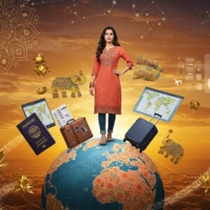 A modern Indian female travel influencer in a chic fusion outfit (flowing coral kurti with jeans) standing confidently atop a stylized globe, with intricate Madhubani-style patterns forming continents. She's surrounded by floating travel elements transformed into traditional Indian art motifs - a passport becomes a decorated peacock, luggage transforms into ornate elephants, and flight tickets flow like celestial rivers. The background features a dramatic sunset gradient from deep saffron to peacock blue, with delicate mandala patterns in gold forming constellations. Digital screens with modern UI elements blend seamlessly with traditional Indian patterns. Floating golden lotus flowers emit soft, ethereal light, creating a surreal atmosphere. The scene includes subtle futuristic elements like holographic maps and glowing travel routes. The art style combines hyperrealistic digital rendering with traditional Indian art patterns, creating a harmonious blend of modern and classical elements. The overall composition suggests adventure, technology, and cultural heritage, with a luxurious golden glow throughout the scene.