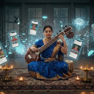 A serene young Indian female classical musician in an elegant silk saree (deep blue with gold border) sits cross-legged on an ornate Persian carpet, playing a polished wooden tanpura. She's surrounded by a mesmerizing blend of traditional and digital elements - floating, glowing smartphone screens displaying Instagram layouts and YouTube interfaces orbit around her like a modern mandala. The screens emit a soft, ethereal blue light that contrasts with warm golden light emanating from traditional brass diyas. Her jewelry is minimal but elegant - simple gold earrings and a small bindi. Behind her, intricate Madhubani-style patterns morph into digital wavelengths and musical notes. Holographic peacock feathers and lotus motifs float in the space, transitioning from traditional art style to pixelated digital forms. The scene is set in a contemporary studio space with large windows, where traditional temple architecture meets modern minimalist design. The lighting creates a dramatic interplay of shadows and highlights, with soft focus and atmospheric haze. Subtle particle effects suggest the flow of musical energy between the traditional instruments and digital devices. Hyperrealistic digital art style with photorealistic textures, cinematic lighting, and magical realism elements.