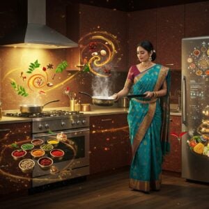 A modern Indian kitchen with a traditional twist, featuring a graceful Indian woman in a contemporary fusion saree (peacock blue with gold border) using high-tech cooking gadgets alongside traditional brass cookware. The kitchen has floating holographic recipe displays in warm golden light, smart appliances with Madhubani-style decorative patterns, and levitating spice containers arranged in mandala formation. Fresh ingredients hover in artistic patterns – saffron strands, curry leaves, and aromatic spices creating spiral patterns in the air. The scene is illuminated by both modern ambient lighting and traditional brass diyas, creating a warm, inviting atmosphere. Intricate Pattachitra-style patterns adorn the kitchen walls in metallic gold and deep maroon. A state-of-the-art smart refrigerator displays traditional motifs, while steam from cooking pots forms ethereal lotus patterns. The composition shows both traditional Indian cooking methods and futuristic cooking techniques in harmony, with swirling energy patterns connecting both elements. Hyperrealistic digital art style with magical realism elements, rich colors, and soft glowing highlights.