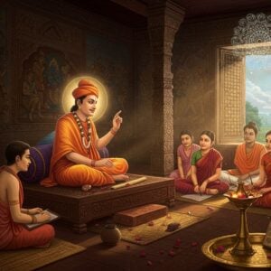 A serene scene showcasing Srimanta Sankardev in a traditional Assamese dhoti and uttariya, seated on an ornate wooden platform inside a Nam Ghar (prayer hall), teaching a diverse group of students. The Nam Ghar features intricately carved wooden pillars with traditional Assamese motifs and patterns. Sankardev is depicted with a warm, wise expression, his right hand raised in a teaching mudra. Around him, students of different ages sit cross-legged on woven bamboo mats, some writing on palm leaves, others engaged in devotional singing. The background shows detailed Assamese-style wall murals depicting scenes from the Bhagavata Purana. Soft, golden light streams through the wooden windows, creating a mystical atmosphere. A large brass xorai (offering plate) with flowers and an ancient manuscript sits nearby. The scene combines traditional Assamese architectural elements with surreal, glowing mandala patterns floating in the air. The color palette includes deep maroons, rich golds, and warm earth tones, with hints of indigo and saffron. The art style merges traditional Assamese manuscript painting techniques with modern digital aesthetics, creating a harmonious blend of historical accuracy and contemporary appeal.