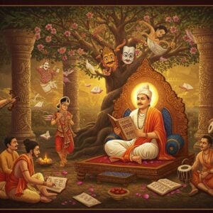 A majestic scene depicting Srimanta Sankardev in traditional Assamese attire (white dhoti and chadar) seated on an ornate wooden throne inside a Nam Ghar (traditional Assamese prayer hall), illuminated by golden ethereal light streaming through windows. He's teaching disciples while holding an ancient manuscript with intricate Assamese calligraphy. The Nam Ghar features detailed carved pillars with traditional Assamese motifs like jaapi patterns and peacock designs. Around him, multiple artistic vignettes float in a spiral: vibrant Sattriya dancers in red-white costumes performing mudras, detailed Borgeet musical instruments including khol and cymbals, and manuscripts of Ankiya Naat with beautiful illustrations. The background shows a massive tree of knowledge with branches morphing into various art forms - classical dance poses, theatrical masks, and flowing scriptures. The color palette combines deep maroons, saffron, gold, and peacock blue. The artistic style merges traditional Assamese manuscript paintings with modern digital art techniques, creating a dreamlike, spiritual atmosphere enhanced by soft glowing mandalas and floating lotus petals.