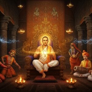 A majestic scene depicting Srimanta Sankardev in traditional Assamese attire (white dhoti and chadar) seated on an ornate wooden throne inside a Nam Ghar, with intricate Assamese architectural details. He holds the Kirtan Ghosa in his hands, illuminated by divine golden light. Around him, a dynamic composition shows multiple elements of his cultural contributions: on the left, masked Bhaona performers in vibrant costumes perform traditional dance, on the right, musicians play khol and taal. The background features a large stylized Vrindavani Vastra with intricate woven patterns depicting Krishna stories. Floating ethereal mandalas and lotus motifs frame the scene. The color palette combines deep maroons, saffron, and peacock blue with gold accents. The art style merges traditional Assamese motifs with modern digital aesthetics, creating a surreal, spiritual atmosphere. Sophisticated lighting casts a warm, divine glow throughout the scene, highlighting the cultural elements. The Nam Ghar's pillars are adorned with traditional Assamese geometric patterns and symbols, while mystical swirls of energy connect all elements, symbolizing the unified cultural impact.