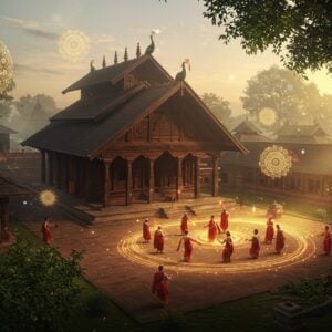A majestic aerial view of a traditional Assamese Sattra monastery complex at golden hour, featuring intricate Madhubani-inspired patterns. The central Namghar (prayer hall) has ornate wooden carvings and a distinctive gabled roof with peacock motifs. Indian devotees in traditional Assamese attire perform Borgeet dance in the courtyard, their movements creating dynamic energy patterns. Sacred tulsi plants and ancient banyan trees frame the scene. Soft, ethereal light filters through morning mist, creating a mystical atmosphere. The color palette includes deep maroons, saffron, and peacock blue with gold accents. Delicate mandalas float in the air, emitting a subtle glow. The architectural details showcase classical Assamese design with detailed wooden pillars and traditional symbols. The scene is rendered in a fusion of traditional Assamese art style with modern digital aesthetics, emphasizing both heritage and contemporary appeal. Hyper-detailed, cinematic composition with magical realism elements.