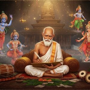 A serene elderly Indian sage with silver hair and a peaceful expression, wearing traditional white dhoti and uttariya, seated cross-legged on an intricately carved wooden platform, writing with a golden quill on ancient palm leaves. Behind him, a magnificent backdrop features a large, ornate Assamese Namghar temple structure with detailed woodwork. Floating ethereally around him are visual representations of his works - vibrant scenes from the Bhagavata Purana merging into traditional Sattriya dance poses. The scene is illuminated by warm, golden light filtering through decorative Assamese jaapi hanging from above. In the foreground, traditional Assamese musical instruments like khol and taal are arranged artistically. The entire composition is framed by delicate Madhubani-style border patterns in deep maroon and gold, with motifs of peacocks and lotus flowers. The art style combines hyperrealistic details with dreamy, spiritual overtones, incorporating both classical Indian artistic elements and modern digital aesthetics. A soft mist with sparkles of divine light surrounds the scene, suggesting spiritual transcendence.
