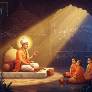 A serene, ethereal scene depicting Srimanta Sankardev in traditional Assamese attire (white dhoti and chadar) seated on a contemporary minimalist marble platform, teaching disciples. He's illuminated by golden light streaming through stylized Namghar architecture. The background features a modern interpretation of a Sattra with floating sacred symbols - the Bhagavata Purana, ek-saran naam-dharma symbols, and geometric Assamese motifs in deep indigo and gold. Surrounding him are translucent, flowing visualizations of Borgeets (devotional songs) represented as musical notes transforming into peacocks and lotuses. The scene includes subtle digital elements like holographic mandalas and light patterns merging with traditional Assamese architectural elements. The color palette combines rich traditional colors (deep maroon, saffron, gold) with modern gradients of peaceful blues and purples. The art style merges traditional Assamese manuscript painting techniques with contemporary digital art, creating a harmonious blend of ancient wisdom and modern aesthetics. Intricate patterns from Assamese textile motifs float in the air like sacred geometry, while the overall composition maintains a balanced, meditative atmosphere.