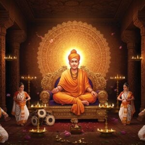 A majestic portrait of Mahapurush Srimanta Sankardev in traditional Assamese attire with white dhoti and chadar, seated in a meditative pose on an ornate golden throne within a Nam Ghar (traditional Assamese prayer hall). The Nam Ghar features intricately carved wooden pillars with Assamese motifs and patterns in deep maroon and gold. Behind him, a large, ethereal mandala glows in soft saffron and golden hues, radiating divine light. The scene includes traditional Assamese musical instruments like khol and taal, placed artistically around him. In the foreground, devotees perform Sattriya dance in graceful poses, wearing traditional white and gold Assamese costumes. The atmosphere is enhanced by floating lotus flowers, burning brass oil lamps, and swirling patterns of Assamese gamosa designs in the air. The lighting is warm and mystical, creating a harmonious blend of spiritual and cultural elements. The art style combines traditional Assamese artistic elements with modern digital techniques, emphasizing both heritage and contemporary appeal.