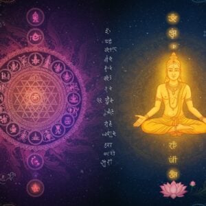 A serene cosmic scene depicting the duality of Purusha and Prakriti - Purusha represented as a luminous, ethereal male figure in meditation pose floating on the right side, emanating golden light, while Prakriti manifests as a dynamic feminine force on the left, emerging from swirling patterns of the 24 tattvas in deep indigo and cosmic purples. The tattvas are visualized as intricate Madhubani-style mandalas, each containing symbolic representations of evolution - from mahat (cosmic intelligence) to the five elements. Between them, a large Sri Yantra glows with sacred geometry in gold and saffron. The background features a gradient from deep cosmic blue to spiritual gold, with subtle Sanskrit equations floating ethereally. The scene is framed by stylized lotus flowers and peacock feathers in traditional Pattachitra style, while modern digital effects add floating light particles and a subtle sacred geometry grid. The overall composition balances traditional Indian artistry with contemporary digital aesthetics, creating a harmonious blend of ancient wisdom and modern visualization.