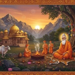 A serene mountainous landscape at dawn with a traditional Indian ashram nestled among tall Himalayan peaks, rendered in rich Madhubani-inspired style. The ashram features ornate golden domes and intricate Sanskrit-style architectural details. In the foreground, a wise-looking Indian sadhu with flowing white beard, wearing saffron robes, sits in padmasana on a tiger skin under a sacred banyan tree decorated with prayer flags. Behind him, younger disciples in ochre robes perform morning rituals near a sacred fire pit emitting ethereal smoke patterns. The scene is illuminated by both warm sunrise light and spiritual auras, creating a mystical atmosphere. Floating mandalas and lotus motifs frame the composition, while peacocks and sacred cows roam the ashram grounds. The color palette combines deep saffron, peaceful blues, and touches of gold. Intricate Pattachitra-style border patterns featuring Om symbols and vedic motifs encircle the scene. The overall composition balances traditional spiritual elements with contemporary digital art techniques, creating a photorealistic yet mystical quality.