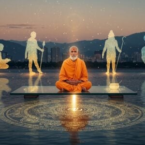 A serene elderly Indian sage in saffron robes seated in padmasana on a modern glass platform floating above tranquil waters, his face radiating inner peace. Four translucent silhouettes behind him represent the four ashrama stages - each progressively more minimalist, from a detailed student with books, to a householder with family, to a forest dweller, culminating in the sage. Ethereal golden light emanates from the sage, creating intricate mandala patterns on the water's surface. Modern high-rise buildings fade into misty mountains in the background, symbolizing the transition from material to spiritual life. Digital holographic symbols of renunciation float around: a broken thread, an empty bowl, and a walking staff. The scene combines photorealistic rendering with abstract spiritual elements, using a color palette of deep saffron, celestial blues, and metallic golds. Soft particle effects and lens flares create a mystical atmosphere. The composition should follow the Madhubani art style's intricate patterning but with modern digital aesthetics, incorporating sacred geometry and contemporary design elements.