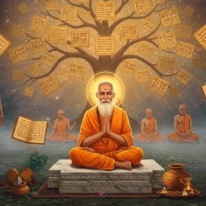 An ancient Indian sage in saffron robes meditating in padmasana pose on a marble platform, surrounded by ethereal golden light and floating Sanskrit manuscripts. The manuscripts are rendered in intricate Devanagari script with ornate Madhubani-style borders in deep maroon and gold. Behind him, a large stylized tree of knowledge with branches forming cosmic mandalas and leaves made of shimmering sacred texts. The scene is set in a mystical forest clearing with morning mist, where rays of divine light filter through. Multiple translucent layers of renunciants from different Hindu orders fade into the background, showing the progression from material to spiritual life. The foreground features carefully placed symbolic elements: a broken thread representing worldly attachments, a water pot (kamandalu), and a peacock feather. The color palette combines deep saffron, celestial blues, and touches of gold. The art style merges hyperrealistic digital rendering with traditional Pattachitra patterns, creating a serene yet powerful atmosphere. A soft glow emanates from the sage's meditation, suggesting inner enlightenment.