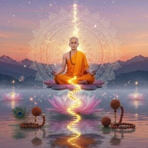 A serene Indian yogi in saffron robes seated in Padmasana on a cosmic lotus flower, floating above a reflective pool of water. His face radiates inner peace with closed eyes and a subtle smile. Behind him, a large ethereal mandala glows in soft gold and white light, creating concentric circles of sacred geometry. The scene transitions vertically, showing the same figure twice: at the bottom in white clothes of a householder, and at the top in saffron robes of a sannyasi, connected by golden light trails forming the shape of a DNA helix. Scattered around are symbols of yoga - a peacock feather, rudraksha beads, and small floating lotuses. The background features misty Himalayan peaks at dawn with soft pastel purple and orange sky. The art style combines traditional Madhubani patterns in the mandala with modern digital art techniques, using a color palette of saffron, deep maroon, turquoise, and gold. Ethereal light particles float in the air, and subtle Sanskrit symbols emerge from the mist. The overall composition suggests transformation and spiritual elevation. Hyperrealistic rendering with mystical elements, 8k resolution, cinematic lighting.